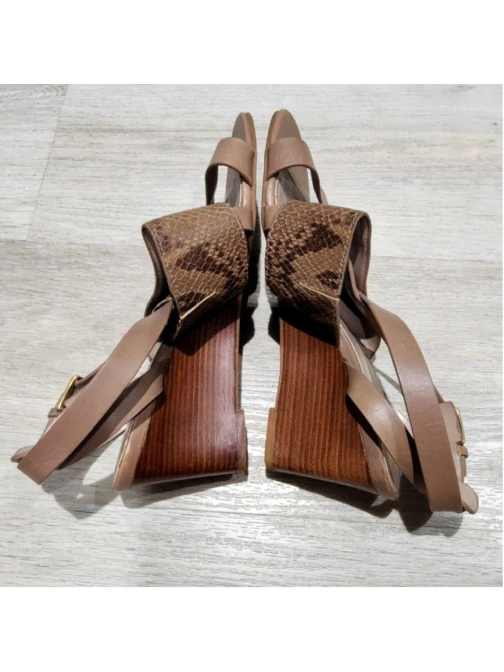 Cole Haan Sandals Womens 7 Brown Leather Wedge Snakeskin Strap Buckle Casual